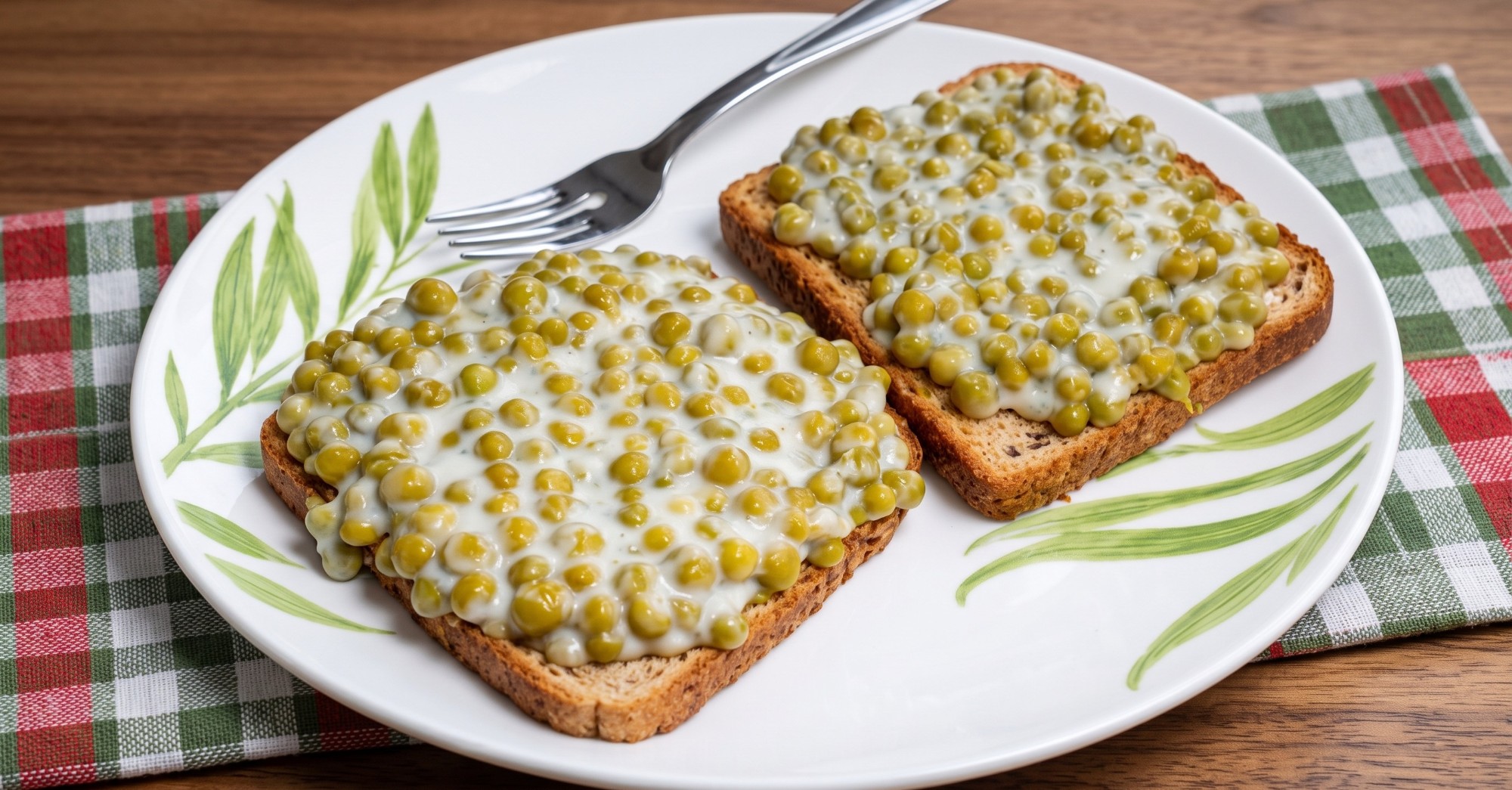 Two slices of whole-grain toast topped with creamy peas